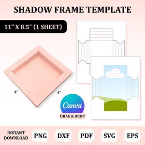 May include: A shadow frame template with the text SHADOW FRAME TEMPLATE and 11" X 8.5" (1 SHEET). Includes a light pink 4" by 4" square frame, a white line drawing template, and a template with a blue sky, white cloud, and green hill graphic.