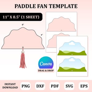 Può includere: Un modello digitale di ventaglio a paletta con il testo PADDLE FAN TEMPLATE e 27,94 cm x 21,59 cm (1 foglio). Il design include una forma a ventaglio smerlata larga 20,32 cm e alta 10,16 cm, una nappa rosa e due fogli con opzioni di layout.