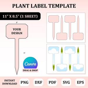 Pode incluir: Um modelo digital de etiquetas para plantas em uma folha de 11 por 8,5 polegadas. O design apresenta marcadores em forma de T com 3 polegadas de largura e 7 polegadas de altura. Inclui um ícone Canva e formatos PNG, DXF, PDF, SVG e EPS.