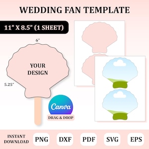 Może przedstawiać: Drukowany szablon wachlarza ślubnego z wzorem muszli. Szablon ma rozmiar 27,9 cm x 21,6 cm i zawiera tekst "YOUR DESIGN" w środku muszli.