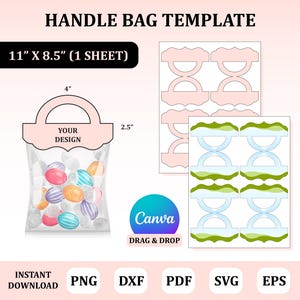 以下が含まれることがあります： 上部に「HANDLE BAG TEMPLATE」というテキストが入ったハンドルバッグテンプレート。テンプレートには、10.16 cmのハンドルと6.35 cmの高さのバッグデザインが含まれています。バッグはカラフルなキャンディーで満たされています。画像には「YOUR DESIGN」というテキストとファイルタイプのオプションも表示されています。