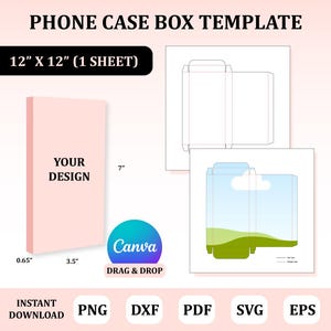 May include: A phone case box template with the text "PHONE CASE BOX TEMPLATE" at the top. The template includes a 30.48 cm x 30.48 cm design, a 17.78 cm measurement, and a 8.89 cm x 1.65 cm phone case mockup. The Canva logo is also present.