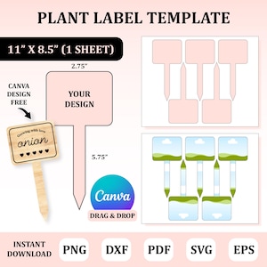 May include: Plant label template with the text "Plant Label Template" at the top. The template includes several plant label designs, including a wooden label that says "Growing with love onion". The template is 11" x 8.5" and includes the Canva logo.