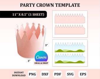 Könnte beinhalten: Eine rosa Party-Kronen-Vorlage mit dem Text "PARTY CROWN TEMPLATE". Die Krone ist 7,6 cm hoch und 7,6 cm breit. Die Vorlage ist 27,9 cm x 21,6 cm groß und enthält Optionen für PNG-, DXF-, PDF-, SVG- und EPS-Formate. Das Canva-Logo ist ebenfalls sichtbar.