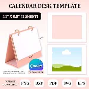 Può includere: Un modello di calendario da scrivania con supporto rosa e pagine bianche, etichettato 27,94 cm per 21,59 cm. L'immagine mostra un layout di 17,02 cm per 21,08 cm, un logo Canva e i formati di file PNG, DXF, PDF, SVG e EPS.