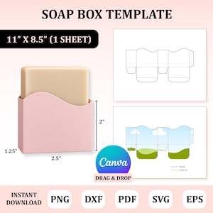 May include: A soap box template digital file set featuring a 2.5 inch by 1.25 inch by 2 inch pink box design. Includes a blank outline and a landscape graphic version for 11 inch by 8.5 inch sheets. Compatible with Canva, PNG, DXF, PDF, SVG, and EPS formats.