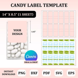 Puede incluir: Una plantilla de etiqueta de caramelo con el texto "CANDY LABEL TEMPLATE" en la parte superior. La plantilla incluye un recipiente de plástico transparente lleno de caramelos blancos, una etiqueta rosa que dice "YOUR DESIGN" y un logotipo de Canva. Las dimensiones son 35,56 cm x 21,59 cm.