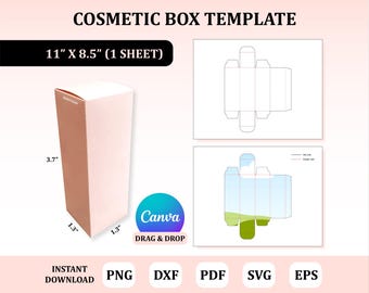 May include: A printable template for a cosmetic box. The template is 11 inches by 8.5 inches and includes a fold line diagram and a mockup of the finished box. The box is 3.7 inches tall and 1.3 inches wide.