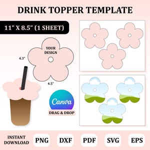 Puede incluir: Una plantilla de adorno para bebidas con un diseño de flor. La plantilla incluye un diseño en forma de flor con un agujero, una ilustración de bebida y el texto "DRINK TOPPER TEMPLATE". La plantilla mide 27,9 cm x 21,6 cm (1 hoja).