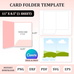 May include: A pink card folder template with the text "CARD FOLDER TEMPLATE". The template includes dimensions of 11" x 8.5" and a card size of 4" x 6". The Canva logo is visible, along with file type options: PNG, DXF, PDF, SVG, and EPS.