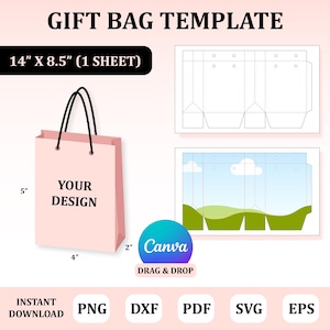 以下が含まれることがあります： 黒いハンドルが付いたピンク色のギフトバッグテンプレートで、「YOUR DESIGN」と表示されています。 バッグの幅は10cm、高さは13cm、テンプレートは36 x 22cmです。 Canvaのロゴとファイルタイプのオプションが含まれています。