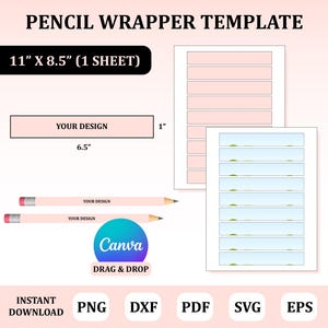 以下が含まれることがあります： 「PENCIL WRAPPER TEMPLATE」のテキストが入った鉛筆ラッパーテンプレート。デザインには、「11" X 8.5" (1 SHEET)」のテキストが入った黒い長方形が含まれています。鉛筆が2本とCanvaのロゴもあります。テンプレートは2.54 cm x 16.51 cmです。