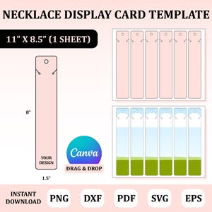 May include: A template for necklace display cards. The design includes a pink rectangular card with dimensions of 3.8 cm x 20.3 cm and a hole at the top for hanging. The template also includes the text "NECKLACE DISPLAY CARD TEMPLATE" and "11" x 8.5" (1 SHEET)".