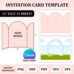 Pode incluir: Modelo de cartão de convite com design de arco rosa. O cartão mede 27,9 cm x 21,6 cm e apresenta o texto "YOUR DESIGN". Inclui instruções de arrastar e soltar do Canva. Formatos de arquivo: PNG, DXF, PDF, SVG e EPS.