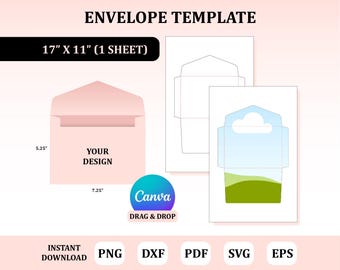Peut inclure: Un modèle d'enveloppe rose avec le texte "YOUR DESIGN" et des dimensions de 18,4 cm x 13,3 cm. L'image comprend également un modèle de feuille de 43,2 cm x 27,9 cm et le logo Canva. Le texte "ENVELOPE TEMPLATE" est en haut.