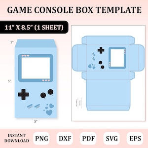 May include: A light blue game console box template with dimensions of 11" x 8.5". The design includes a front view of the console, measuring 5" x 3" and a flat, unfolded box layout. The text "GAME CONSOLE BOX TEMPLATE" is at the top.