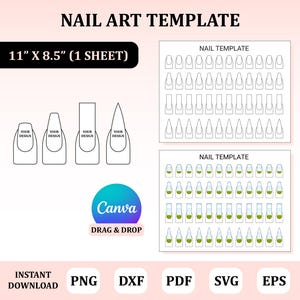 May include: Nail art template with 11 inches by 8.5 inches dimensions. The template includes a variety of nail shapes and sizes, including oval, square, and almond. The template is perfect for creating custom nail designs.