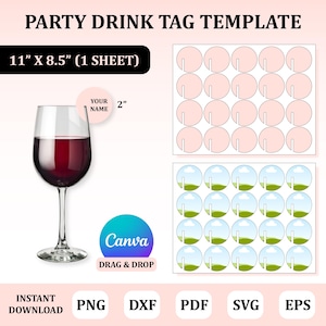 Party Drink Tag Template, Drink Tag Svg, Wine Name Tag, Wine Glass Tag, Tag for Wine Glass, Champagne Tag, Marker for Party Guest