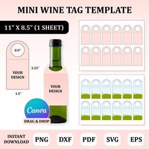 May include: A printable template for mini wine bottle tags. The template includes 24 tags, each measuring 0.9 inches by 3.25 inches. The template is designed to be printed on an 11 inch by 8.5 inch sheet of paper. The template includes the text "YOUR DESIGN" and "Canva DRAG & DROP".