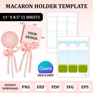 Könnte beinhalten: Eine Vorlage für einen Macaron-Halter mit einem rosa Lutscher und einer rosa Box mit dem Text "YOUR DESIGN". Die Vorlage ist 27,9 cm x 21,6 cm groß und enthält die Dateiformate PNG, DXF, PDF, SVG und EPS. Das Canva-Logo ist ebenfalls sichtbar.