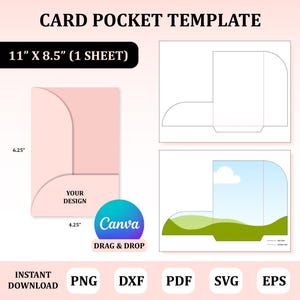 Puede incluir: Una plantilla de bolsillo para tarjetas con el texto "CARD POCKET TEMPLATE" en la parte superior. La plantilla incluye un diseño de tarjeta rosa con medidas de 27,9 cm x 21,6 cm (1 hoja), 15,9 cm y 10,8 cm. El diseño incluye el texto "YOUR DESIGN" y el logotipo de Canva.