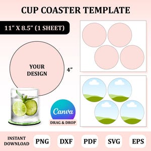 May include: A template for cup coasters with the text "CUP COASTER TEMPLATE". The design includes a large pink circle with the text "YOUR DESIGN", and several smaller circles. The template is 11" x 8.5" (1 sheet) and 4" in diameter. Includes PNG, DXF, PDF, SVG, and EPS formats.