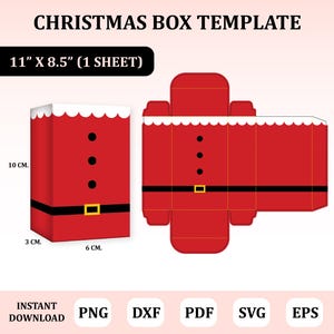 Peut inclure: Un modèle de boîte de Noël rouge avec un design de Père Noël. La boîte est rouge avec une bordure blanche, des boutons noirs et une boucle dorée. Les dimensions sont de 27,9 cm x 21,6 cm (1 feuille). La boîte mesure 15,2 cm de large, 7,6 cm de profondeur et 10 cm de haut. Inclut les formats PNG, DXF, PDF, SVG et EPS.
