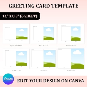 Peut inclure: Un modèle de carte de vœux avec différents formats, dont carré, A2, carte postale, A6, A7 et A9. Le design présente une illustration de ciel et de paysage. Le texte indique "GREETING CARD TEMPLATE" et "EDIT YOUR DESIGN ON CANVA".