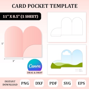 Puede incluir: Una plantilla de bolsillo para tarjetas con el texto "CARD POCKET TEMPLATE". La plantilla mide 27,9 cm x 21,6 cm (1 hoja). El diseño incluye un bolsillo para tarjetas rosa con dimensiones de 12,7 cm x 7,6 cm. El logotipo de Canva está presente, junto con opciones de tipo de archivo: PNG, DXF, PDF, SVG y EPS.