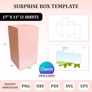 Può includere: Un modello di scatola a sorpresa rettangolare rosa, alto 10,16 cm, con una base di 6,35 cm per 6,35 cm. Il modello misura 43,18 cm x 27,94 cm. L'immagine mostra anche il modello della scatola e il logo Canva con il testo "DRAG & DROP".
