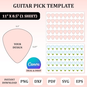 May include: A printable guitar pick template with 1.1 inch by 1.27 inch pick outlines. The template is designed to fit on an 11 inch by 8.5 inch sheet of paper. The template includes a blank pick for users to design their own picks.