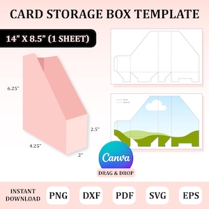 May include: A pink card storage box template with dimensions labeled. The template includes a 14" x 8.5" sheet, a 6.25" height, a 4.25" width, and a 2" depth. The design also features a Canva logo and file type options: PNG, DXF, PDF, SVG, and EPS.