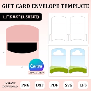 Peut inclure: Un modèle d'enveloppe pour carte-cadeau sur une feuille de 27,94 cm par 21,59 cm. Le design présente une enveloppe rose de 10,16 cm par 7,62 cm, un logo Canva et deux jeux de patrons de découpe, l'un uni et l'autre avec un motif ciel et herbe.