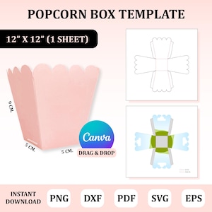 May include: A pink popcorn box template with dimensions of 12" x 12" (1 sheet). The box is 9 cm tall and 5 cm wide. The image includes a Canva logo and file format options: PNG, DXF, PDF, SVG, and EPS. The text reads "POPCORN BOX TEMPLATE".