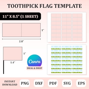 May include: A printable template for creating toothpick flags. The template includes a sheet with 36 flag designs, each measuring 1 inch by 1.4 inches. The template is designed for use with Canva, a drag-and-drop design platform. The template is available in PNG, DXF, PDF, SVG, and EPS formats.