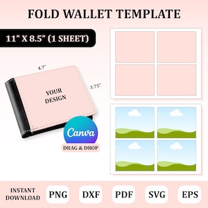 May include: A pink wallet template with a black border. The template is 11 inches by 8.5 inches and is designed to be printed on one sheet of paper. The template includes a space for a design and a space for text. The text on the template reads "Your Design".