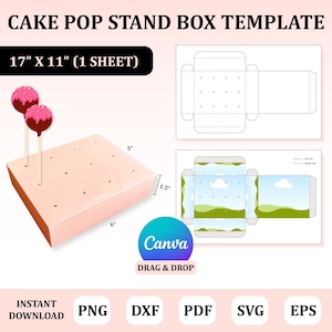 May include: A printable template for a cake pop stand box. The template is 17 inches by 11 inches and includes a design for a box with a sky and grass scene. The template is designed to be used with Canva.