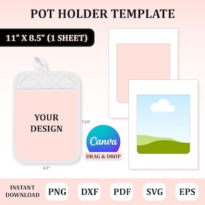 以下が含まれることがあります： ピンク色のデザインエリアがある白い鍋つかみテンプレート。サイズは約16.5cm x 18.4cmです。「YOUR DESIGN」の文字がピンク色のエリアに表示されています。画像にはCanvaのロゴとテキスト、ファイルタイプのアイコンも含まれています。