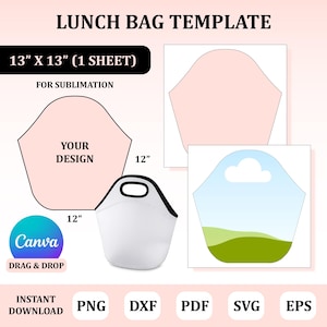 May include: A white lunch bag template with a black handle, measuring 13 x 13 inches. The design includes a pink template with the text "YOUR DESIGN" and the Canva logo. The image also shows the text "FOR SUBLIMATION" and "INSTANT DOWNLOAD".