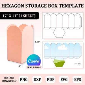 Pode incluir: Um modelo de caixa de armazenamento hexagonal cor de pêssego com uma base de 12,7 cm e uma altura de 14,6 cm. A imagem inclui um logotipo Canva e o texto "HEXAGON STORAGE BOX TEMPLATE" e "17" X 11" (1 SHEET)". Também inclui formatos de arquivo: PNG, DXF, PDF, SVG, EPS.