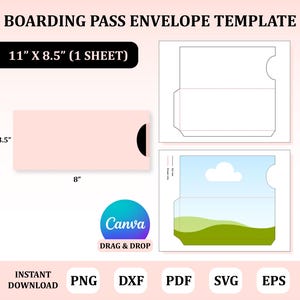 May include: A boarding pass envelope template on an 11 inch by 8.5 inch sheet. The design includes a 3.5 inch by 8 inch pink envelope, a black and white line drawing, and a version with a cloud and landscape graphic. Includes Canva logo.