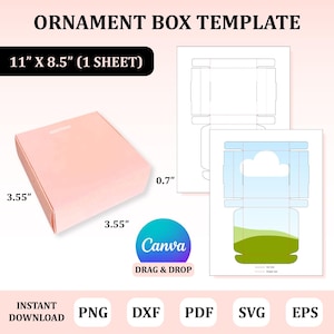 Könnte beinhalten: Eine rosa Ornament-Box-Vorlage mit den Maßen 9,02 cm x 9,02 cm x 1,78 cm. Das Bild zeigt einen Box-Mockup und ein Design. Text beinhaltet "Ornament Box Template", "11" x 8.5" (1 Sheet)" und "Canva Drag & Drop".