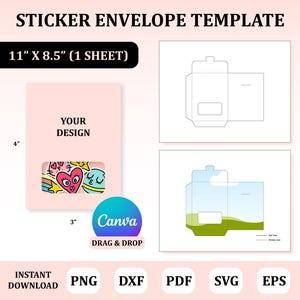 Può includere: Un modello di busta adesiva con un design rosa. Il modello include un'area di progettazione di 10,16 cm per 7,62 cm con il testo "YOUR DESIGN". L'immagine include anche il testo "STICKER ENVELOPE TEMPLATE" e "Canva Drag & Drop".