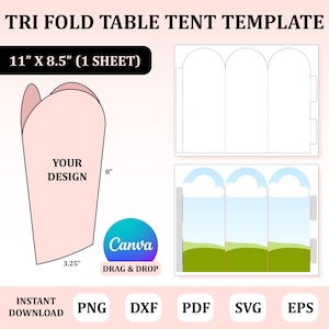 Puede incluir: Una plantilla de carpa de mesa plegable en tres partes de color rosa con el texto "TRI FOLD TABLE TENT TEMPLATE". La plantilla mide 27,9 cm x 21,6 cm e incluye un área de diseño de 20,3 cm de alto y 8,3 cm de ancho. El logotipo de Canva está presente, junto con las opciones de tipo de archivo.