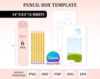 Pencil Box Template, 6Pcs Pencil Box Template, Pencil Gift Box, Box Template, Party Favor Box, Gift Box Svg, Canva Box Editable
