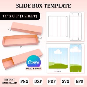 Peut inclure: Un modèle de boîte coulissante avec des dimensions de 27,9 cm x 21,6 cm (1 feuille). L'image montre une boîte coulissante rose avec un couvercle assorti et un schéma de la conception de la boîte. Le logo Canva est visible. Le texte "TÉLÉCHARGEMENT INSTANTANÉ" et les options de type de fichier sont également inclus.