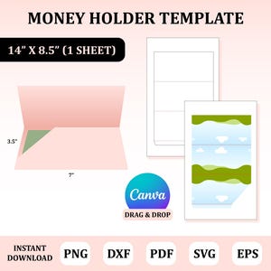 Puede incluir: Una plantilla para portamonedas con el texto "MONEY HOLDER TEMPLATE". La plantilla incluye un diseño de portamonedas rosa, una plantilla en blanco y un diseño de paisaje. El portamonedas mide 17,78 cm de ancho y 8,89 cm de alto. La imagen también incluye el texto "14" X 8.5" (1 SHEET)".