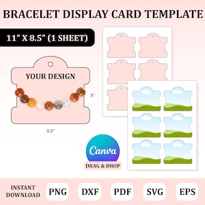 Puede incluir: Una plantilla de tarjeta de exhibición de pulseras con el texto "YOUR DESIGN". La tarjeta mide 8,9 cm de ancho y 7,6 cm de alto. La imagen también incluye el texto "11" X 8.5" (1 SHEET)" y el logotipo de Canva.