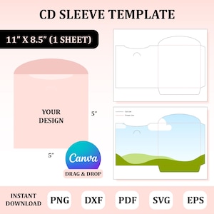 May include: A template for a CD sleeve with the text "CD SLEEVE TEMPLATE". The design includes a pink envelope with the text "YOUR DESIGN" and dimensions of 5" x 5". The template is 11" x 8.5" and includes the Canva logo.