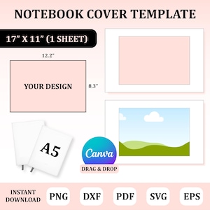 Puede incluir: Plantilla de portada de cuaderno sobre fondo blanco. El diseño incluye un área rectangular etiquetada como "YOUR DESIGN" con dimensiones de 31 cm x 21 cm. La plantilla también presenta un área de 43 cm x 28 cm y un logotipo de Canva con el texto "DRAG & DROP".